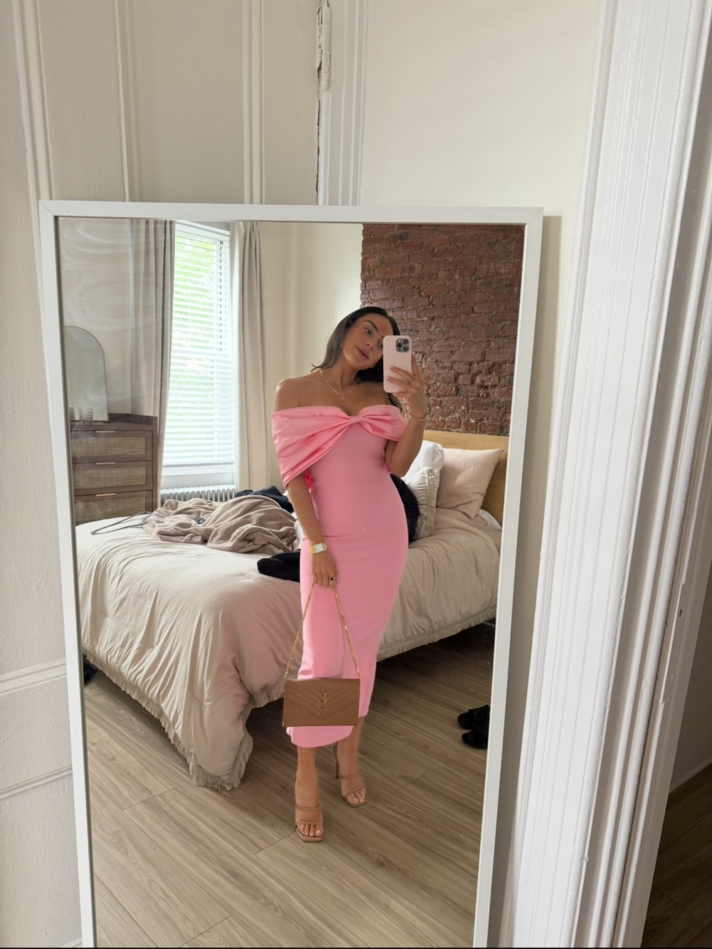 Fashion Nova Blush Pink Off-Shoulder Twist Midi Dress